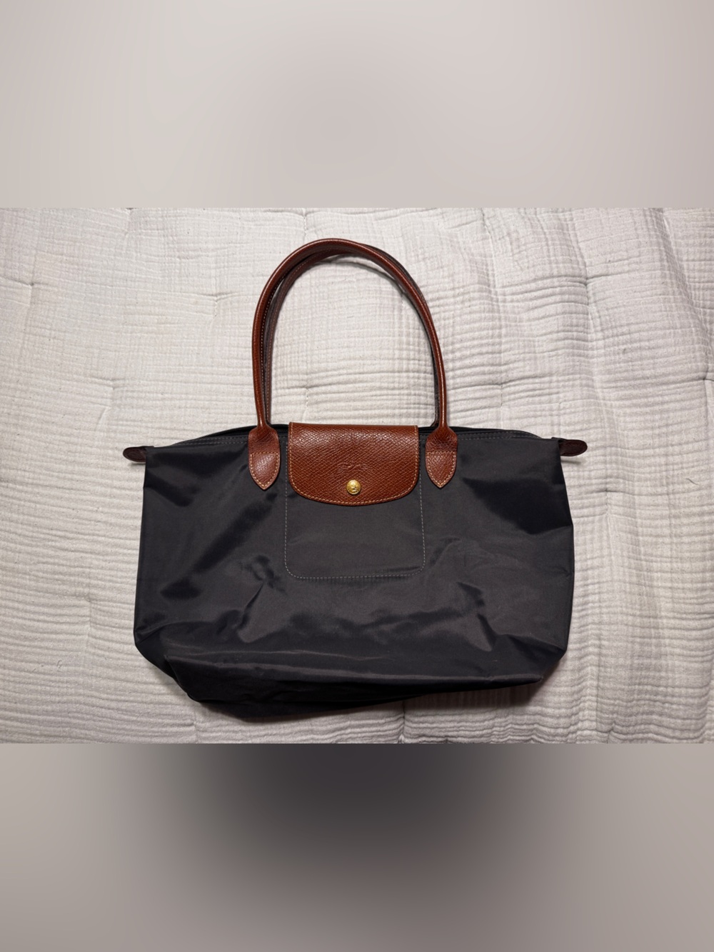 Longchamp Le Pliage Large Dark Gray Nylon Shoulder Tote Brown Leather